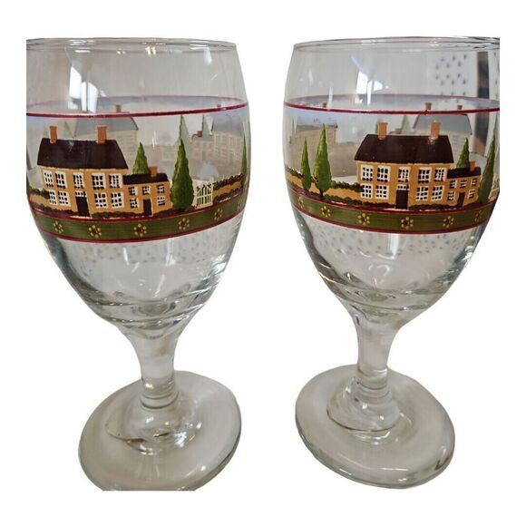 Block Country Village By Gear Farmhouse Sceen Water Goblets Glasses Set Of 2 - Picture 3 of 7